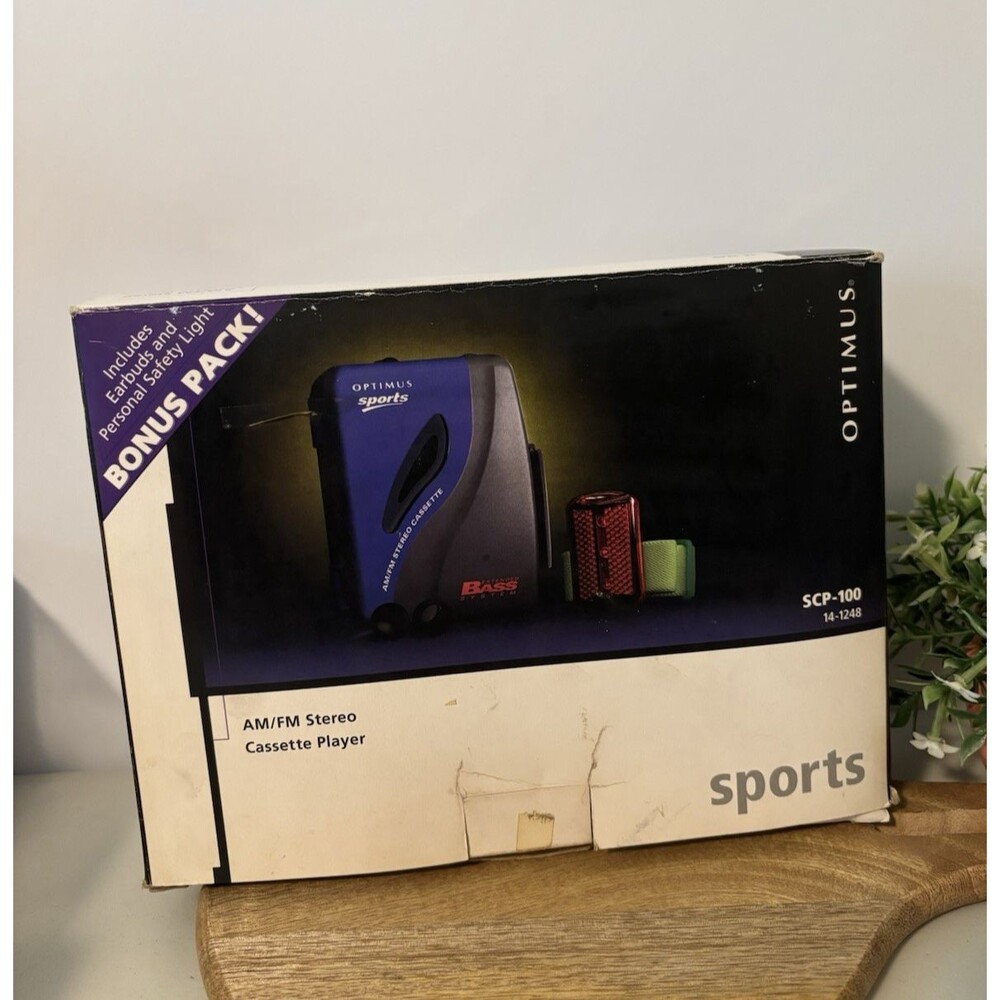 NOS Optimus Am/FM Stereo Cassette 1998 Player-Earbuds & Safety Light SCP-100